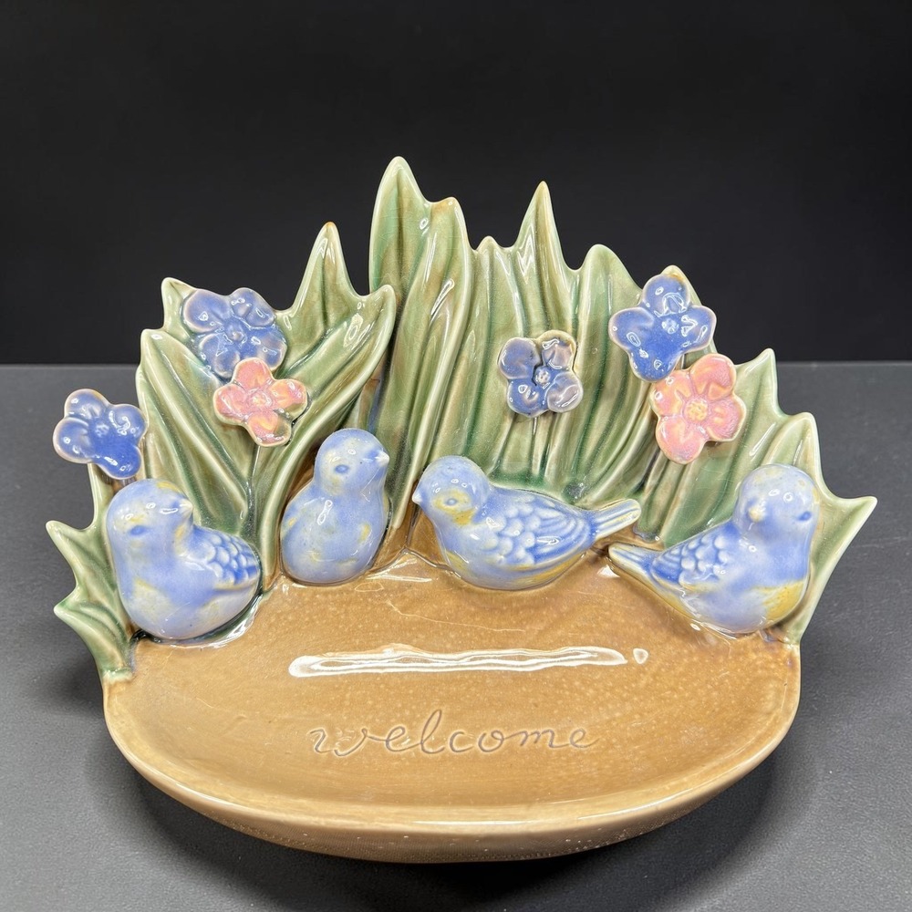 Ceramic Bluebird Welcome Sign Garden Decor Blue‎ Birds Flowers Bowl Dish 9 Inch